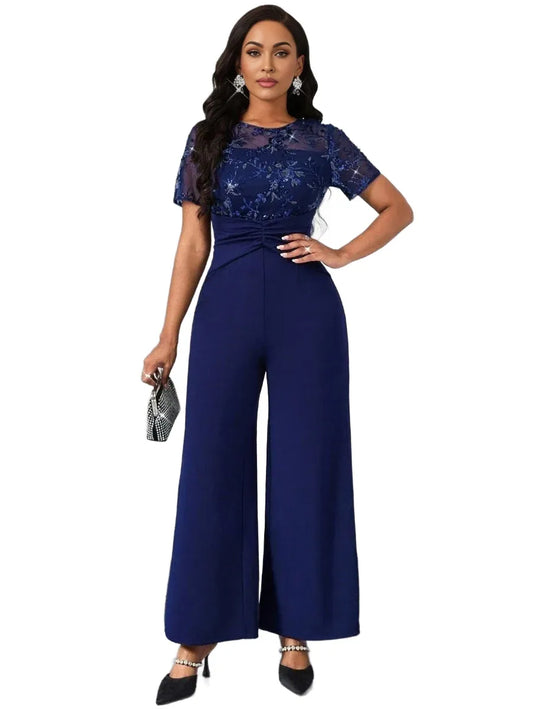 Lady Navy Blue Patchwork Design Jumpsuit New Years Wear Party ShortSleeved Jumpsuit Elegant Wedding