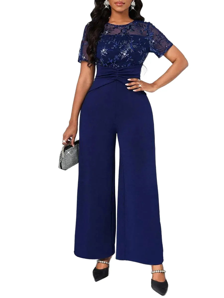 Lady Navy Blue Patchwork Design Jumpsuit New Years Wear Party ShortSleeved Jumpsuit Elegant Wedding