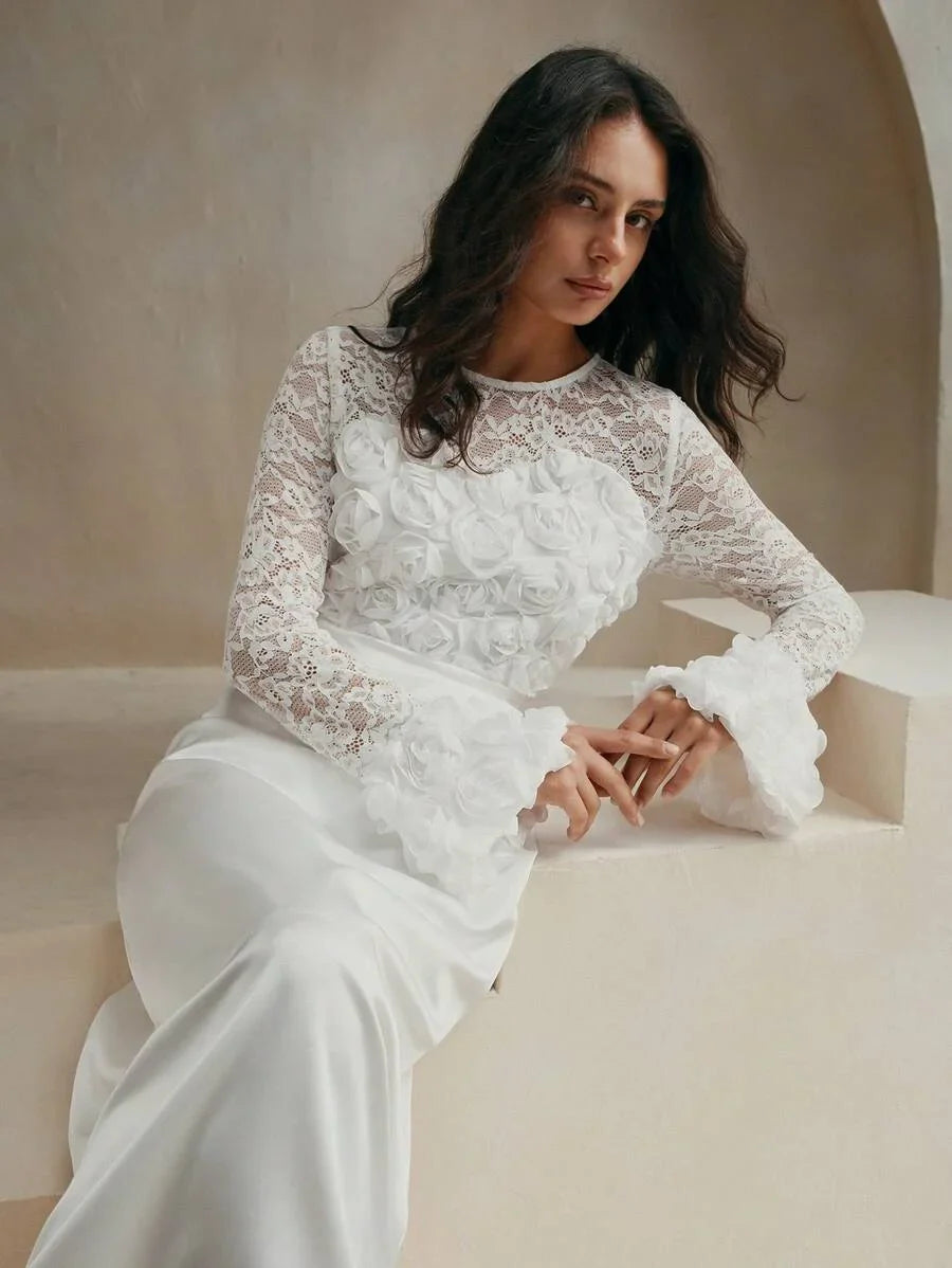 LadyLike Long Sleeve Dress With Lace Patchwork 3D Flower Detail For FallWinter