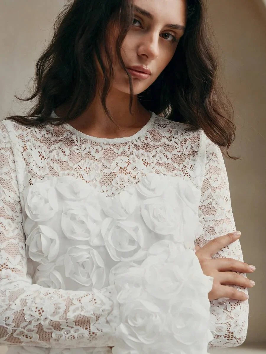 LadyLike Long Sleeve Dress With Lace Patchwork 3D Flower Detail For FallWinter