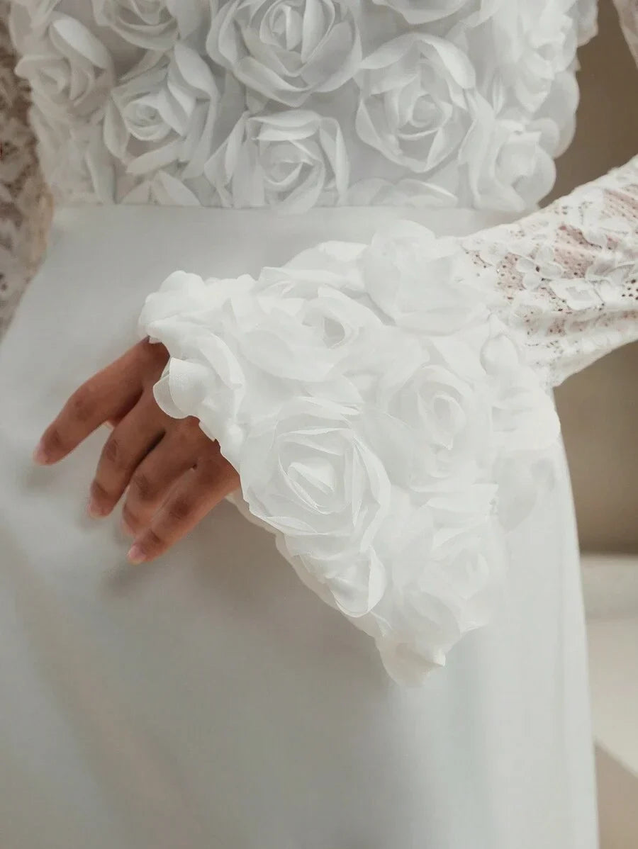 LadyLike Long Sleeve Dress With Lace Patchwork 3D Flower Detail For FallWinter