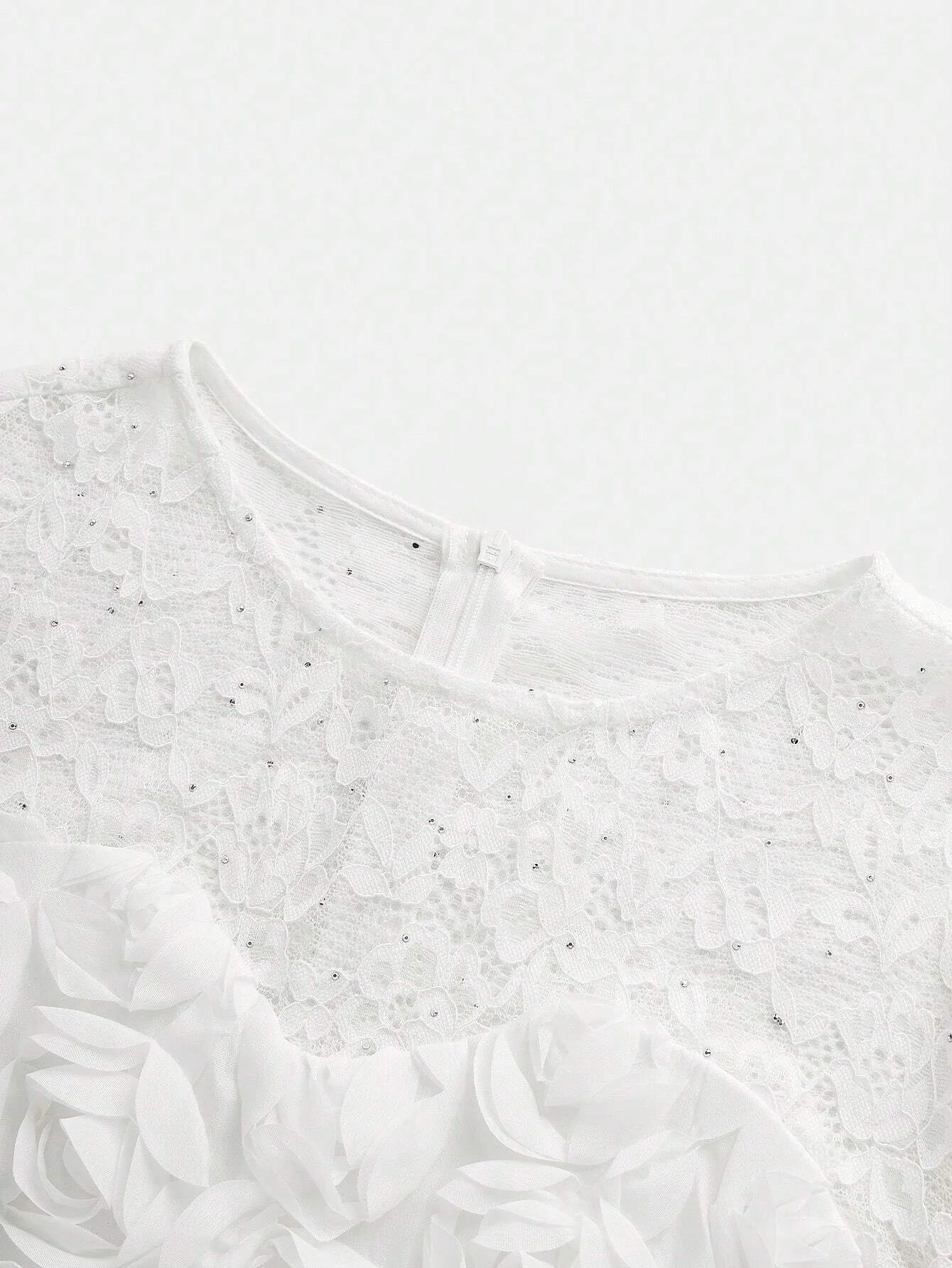 LadyLike Long Sleeve Dress With Lace Patchwork 3D Flower Detail For FallWinter