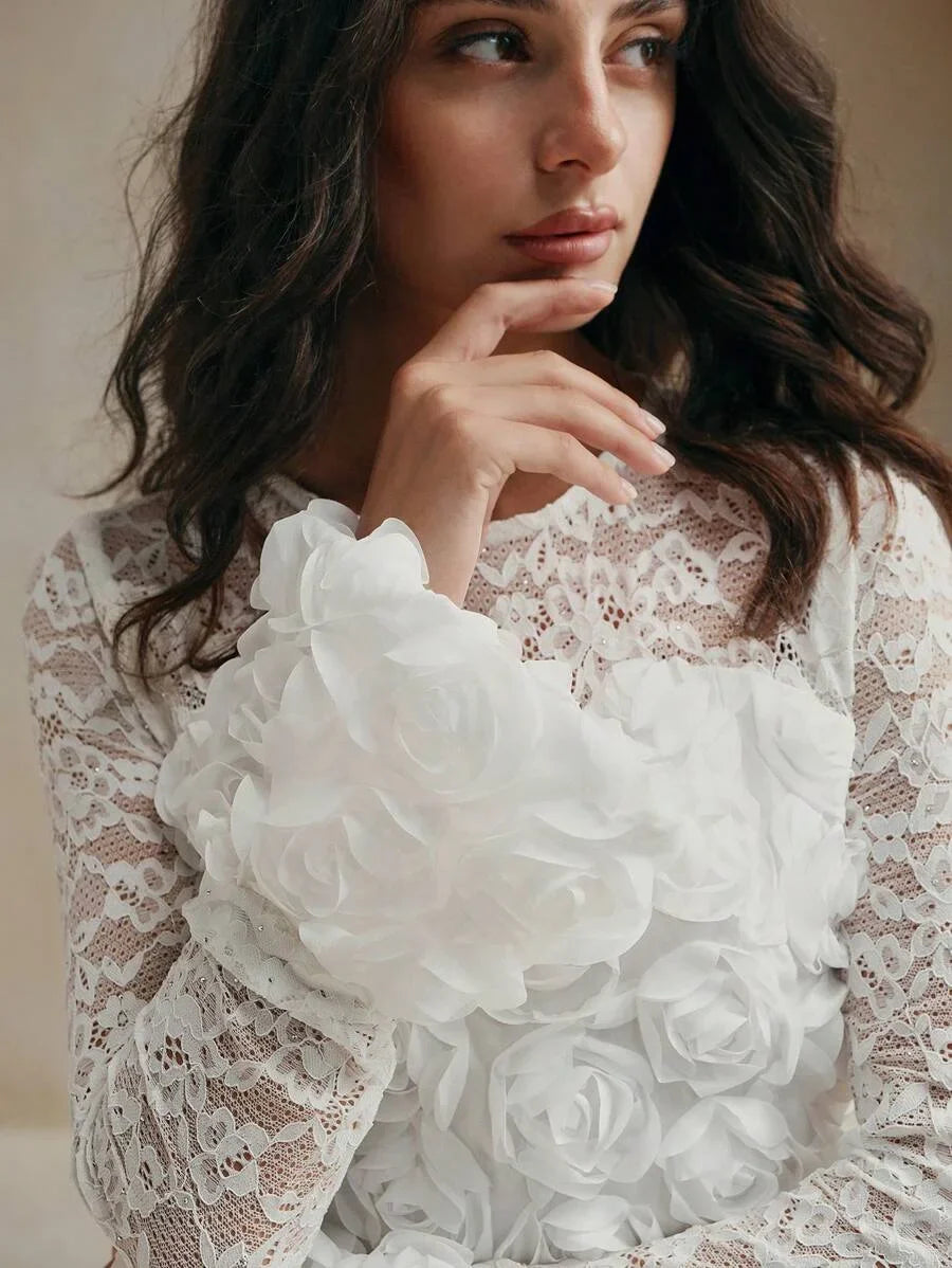 LadyLike Long Sleeve Dress With Lace Patchwork 3D Flower Detail For FallWinter