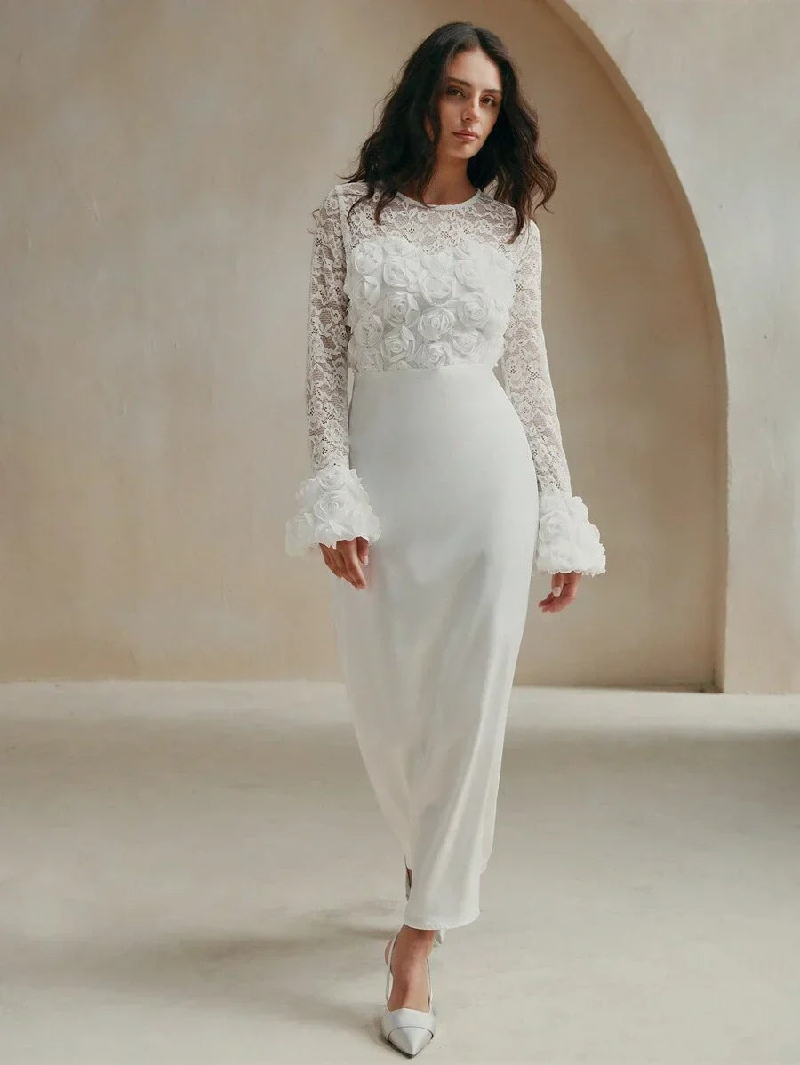 LadyLike Long Sleeve Dress With Lace Patchwork 3D Flower Detail For FallWinter