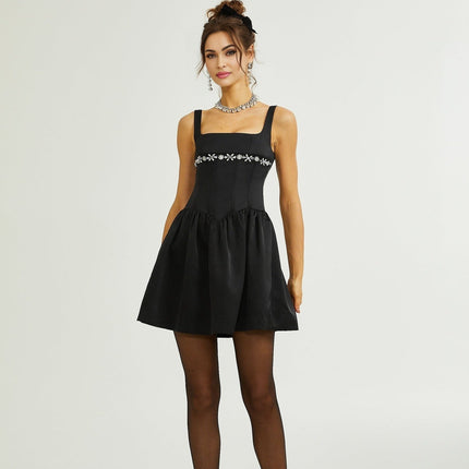 Laila Black Crystal Embellished Pleated Sleeveless Flared Dress Square Neck Spaghetti Straps Rear Zip Fastening Thigh-Length 95% Polyester 5% Spandex