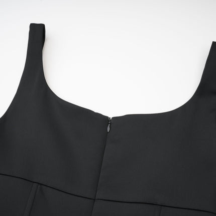 Laila Black Crystal Embellished Pleated Sleeveless Square Neck Spaghetti Straps Flared Skirt Dress