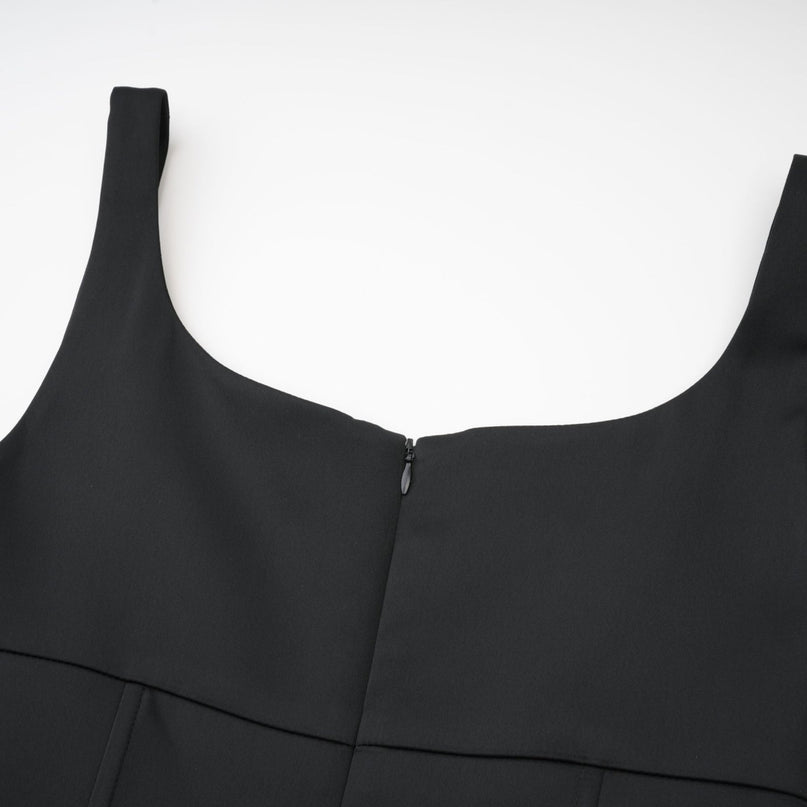 Laila Black Crystal Embellished Pleated Sleeveless Square Neck Spaghetti Straps Flared Skirt Dress