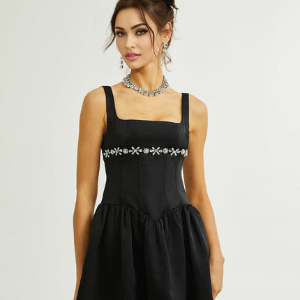 Laila Black Crystal Embellished Pleated Sleeveless Flared Dress Square Neck Spaghetti Straps Rear Zip Thigh-Length 95 Polyester 5 Spandex