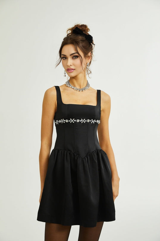 Laila Black Crystal Embellished Pleated Sleeveless Flared Dress Square Neck Spaghetti Straps Rear Zip Thigh-Length 95 Polyester 5 Spandex
