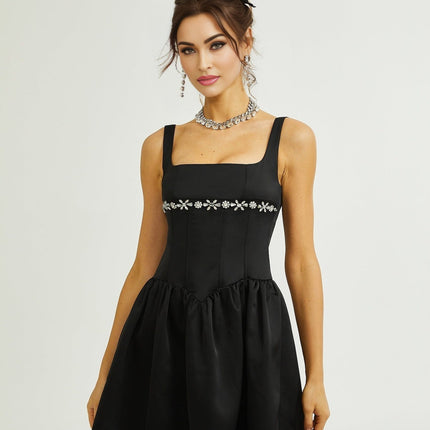 Laila Black Crystal Embellished Pleated Sleeveless Square Neck Spaghetti Straps Flared Skirt Dress