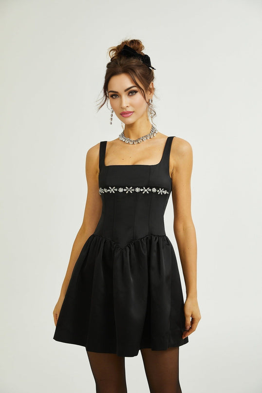 Laila Black Crystal Embellished Pleated Sleeveless Square Neck Spaghetti Straps Flared Skirt Dress