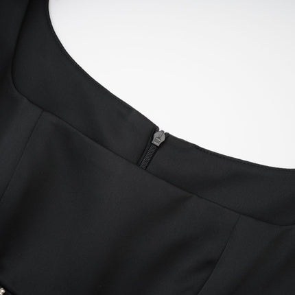 Laila Black Crystal Embellished Pleated Sleeveless Square Neck Spaghetti Straps Flared Skirt Dress