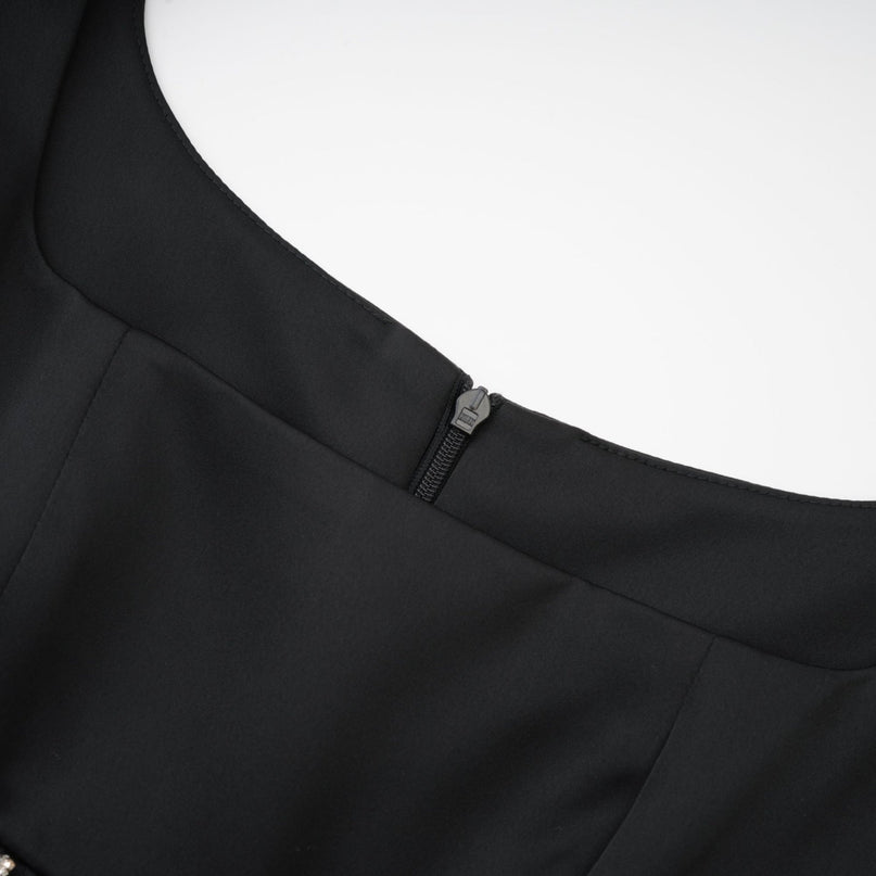 Laila Black Crystal Embellished Pleated Sleeveless Square Neck Spaghetti Straps Flared Skirt Dress