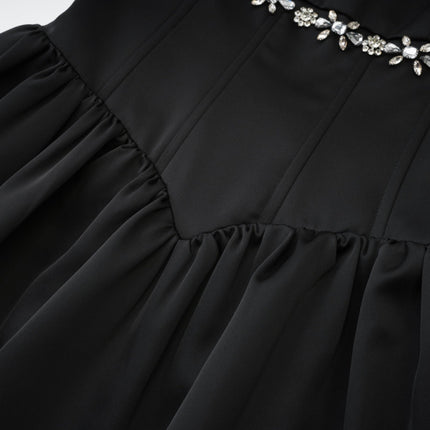 Laila Black Crystal Embellished Pleated Sleeveless Square Neck Spaghetti Strap Flared Skirt Dress