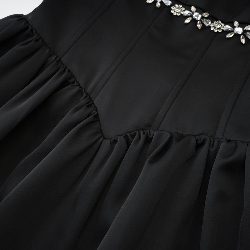 Laila Black Crystal Embellished Pleated Sleeveless Square Neck Spaghetti Strap Flared Skirt Dress