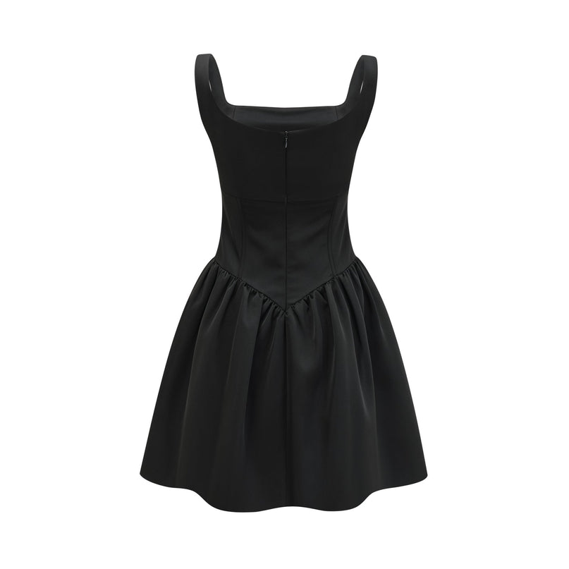 Laila Black Crystal Embellished Pleated Sleeveless Square Neck Spaghetti Straps Flared Skirt Dress