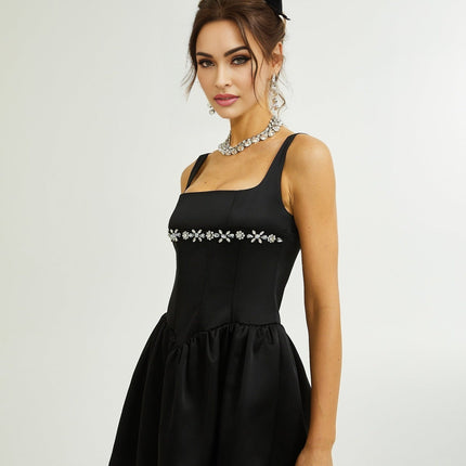 Laila Black Crystal Embellished Pleated Sleeveless Square Neck Spaghetti Strap Flared Skirt Dress