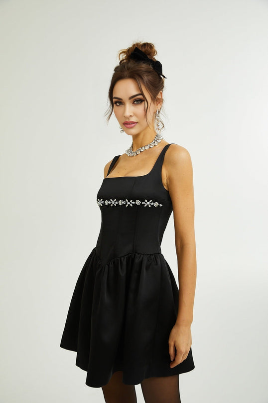 Laila Black Crystal Embellished Pleated Sleeveless Square Neck Spaghetti Strap Flared Skirt Dress