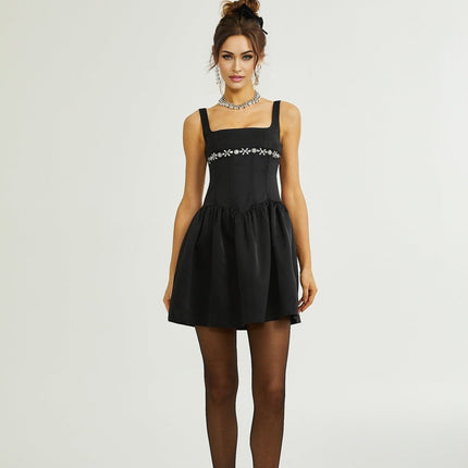 Laila Black Crystal Embellished and Pleated Sleeveless Square Neck Flared Skirt Dress