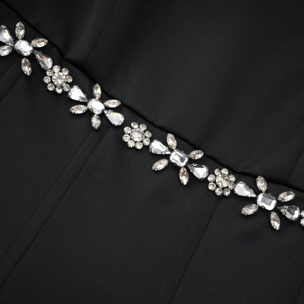 Laila Black Crystal Embellished Pleated Sleeveless Square Neck Spaghetti Straps Flared Skirt Dress