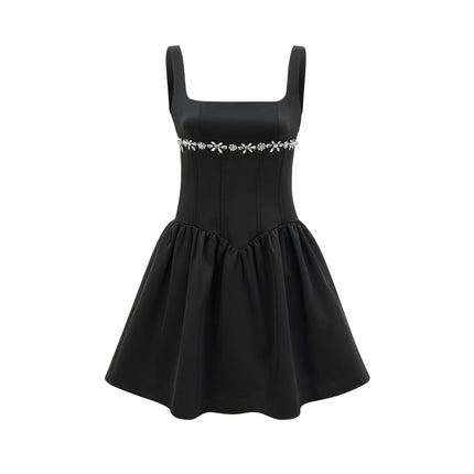 Laila Black Crystal Embellished Pleated Sleeveless Square Neck Spaghetti Straps Flared Skirt Dress