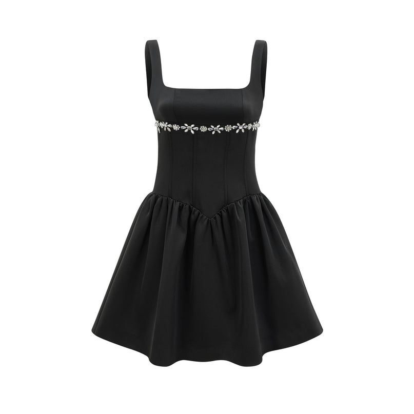 Laila Black Crystal Embellished Pleated Sleeveless Square Neck Spaghetti Straps Flared Skirt Dress