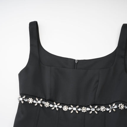 Laila Black Crystal Embellished Pleated Sleeveless Square Neck Spaghetti Strap Flared Skirt Dress