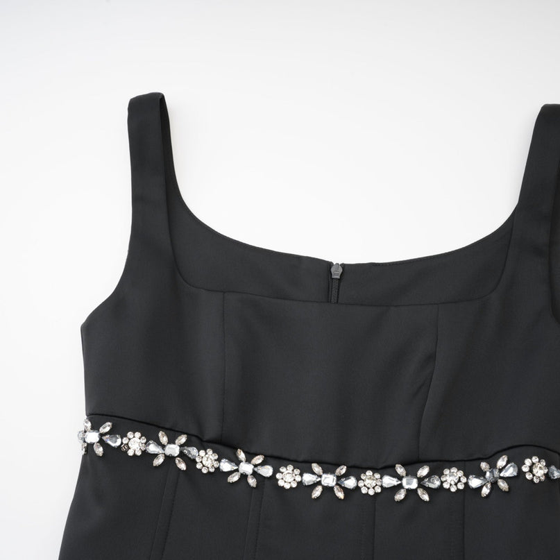 Laila Black Crystal Embellished Pleated Sleeveless Square Neck Spaghetti Strap Flared Skirt Dress