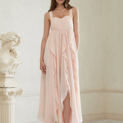 Laila Maxi Dress in Pink Sweetheart neckline Ruffled detailing Wide straps Boned bodice Self-tie Side slits Ruched Side clasp zip fastening Maxi length dress heels 100% Terylene fiber
