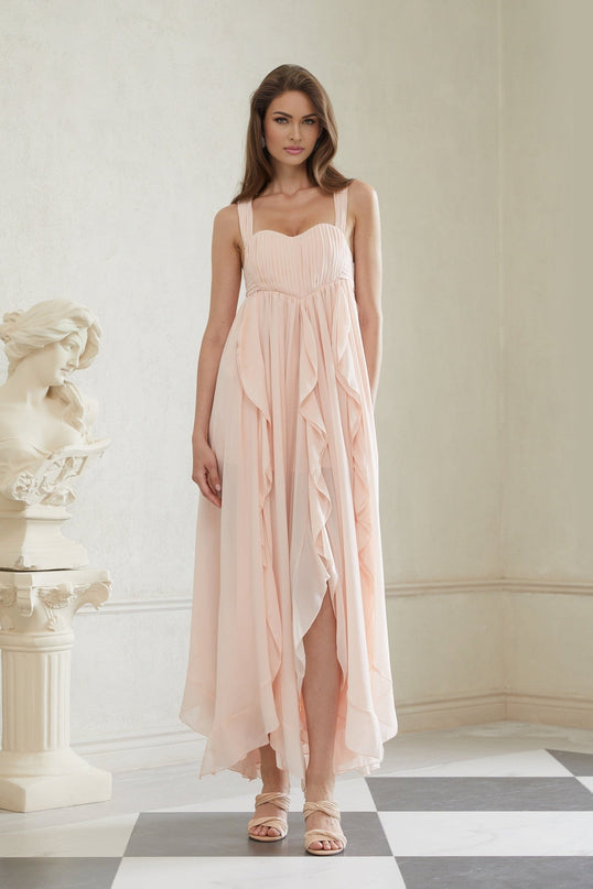 Laila Maxi Dress in Pink Sweetheart neckline Ruffled detailing Wide straps Boned bodice Self-tie Side slits Ruched Side clasp zip fastening Maxi length dress heels 100% Terylene fiber
