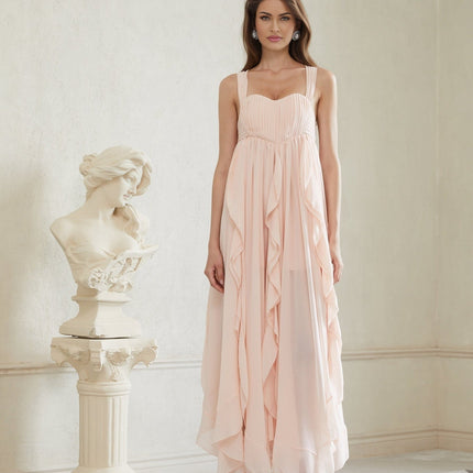 Laila Maxi Dress in Pink Sweetheart neckline Ruffled detailing Wide straps Boned bodice Self-tie Side slits Ruched detailing Side clasp zip fastening Maxi length dress ideal for special occasions heels 100% Terylene fiber
