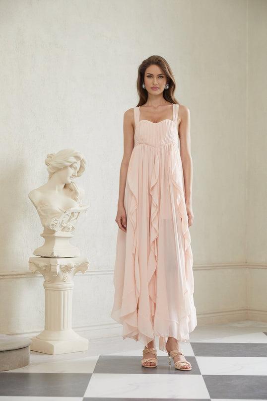 Laila Maxi Dress in Pink Sweetheart neckline Ruffled detailing Wide straps Boned bodice Self-tie Side slits Ruched detailing Side clasp zip fastening Maxi length dress ideal for special occasions heels 100% Terylene fiber