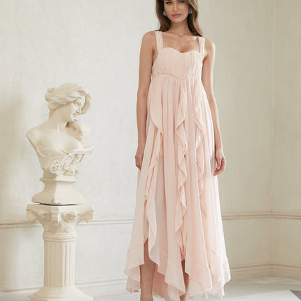 Laila Maxi Dress in Pink Sweetheart neckline Ruffled detailing Wide straps Boned bodice Self-tie detailing Side slits Ruched detailing Side clasp zip fastening Maxi length dress 100% Terylene fiber