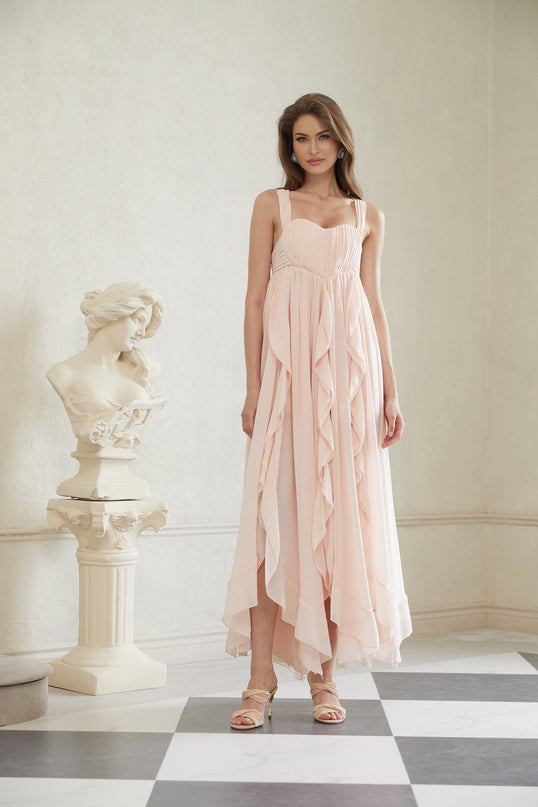 Laila Maxi Dress in Pink Sweetheart neckline Ruffled detailing Wide straps Boned bodice Self-tie detailing Side slits Ruched detailing Side clasp zip fastening Maxi length dress 100% Terylene fiber