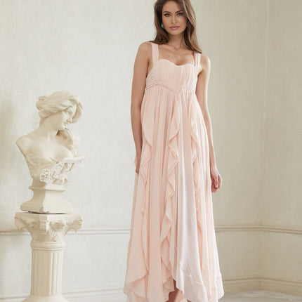 Laila Maxi Dress in Pink Sweetheart neckline Ruffled detailing Wide straps Boned bodice Self-tie detailing Side slits Ruched detailing Side clasp zip fastening Maxi length dress 100% Terylene fiber
