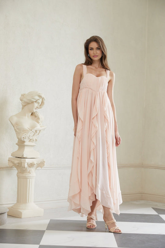 Laila Maxi Dress in Pink Sweetheart neckline Ruffled detailing Wide straps Boned bodice Self-tie detailing Side slits Ruched detailing Side clasp zip fastening Maxi length dress 100% Terylene fiber
