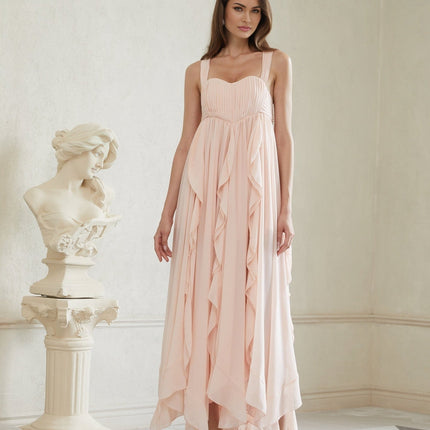Laila Maxi Dress in Pink Sweetheart neckline Ruffled detailing Wide straps Boned bodice Self-tie Side slits Ruched detailing Side clasp zip fastening Maxi length 100% Terylene fiber