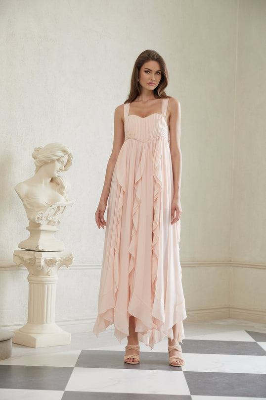 Laila Maxi Dress in Pink Sweetheart neckline Ruffled detailing Wide straps Boned bodice Self-tie Side slits Ruched detailing Side clasp zip fastening Maxi length 100% Terylene fiber