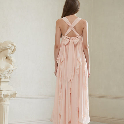 Laila Maxi Dress in Pink with Sweetheart neckline and Ruffled detailing, Wide straps and Boned bodice, Self-tie detailing, Side slits and Ruched detailing, Side clasp and zip fastening, Maxi length dress crafted from 100% Terylene fiber