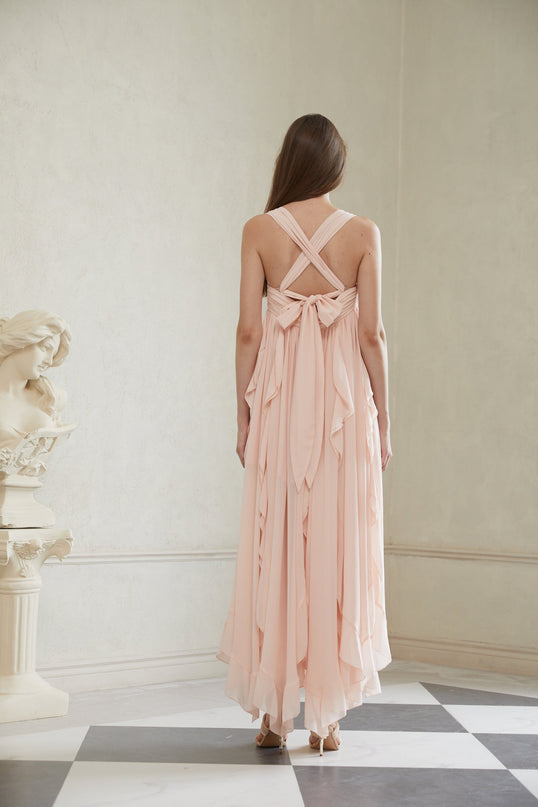 Laila Maxi Dress in Pink with Sweetheart neckline and Ruffled detailing, Wide straps and Boned bodice, Self-tie detailing, Side slits and Ruched detailing, Side clasp and zip fastening, Maxi length dress crafted from 100% Terylene fiber