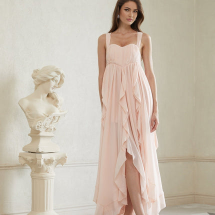 Laila Maxi Dress in Pink Sweetheart neckline Ruffled detailing Wide straps Boned bodice Self-tie detailing Side slits Ruched detailing Side clasp zip fastening Maxi length dress heels 100% Terylene fiber