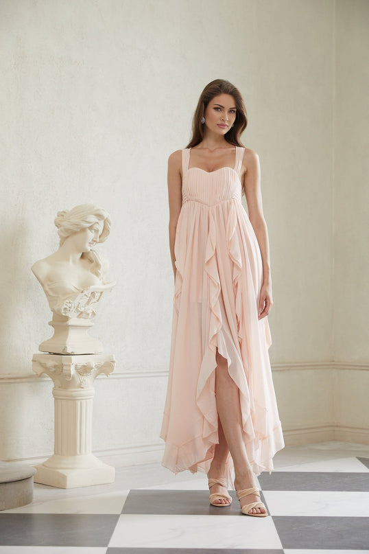 Laila Maxi Dress in Pink Sweetheart neckline Ruffled detailing Wide straps Boned bodice Self-tie detailing Side slits Ruched detailing Side clasp zip fastening Maxi length dress heels 100% Terylene fiber
