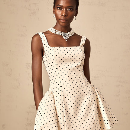 Laila Mini Dress in Neutrals Polka Dot Square Neck Design Wide Straps Puff Skirt Rear Lace-Up Fastening Thigh-Length Elegant Dress