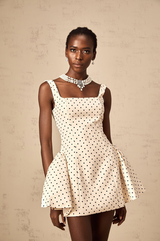 Laila Mini Dress in Neutrals Polka Dot Square Neck Design Wide Straps Puff Skirt Rear Lace-Up Fastening Thigh-Length Elegant Dress