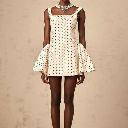 Laila Mini Dress in Neutrals Polka Dot Square Neck Design Wide Straps Puff Skirt Rear Lace-Up Fastening Thigh-Length Dress