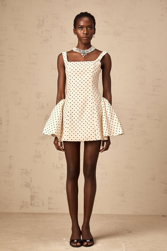 Laila Mini Dress in Neutrals Polka Dot Square Neck Design Wide Straps Puff Skirt Rear Lace-Up Fastening Thigh-Length Dress