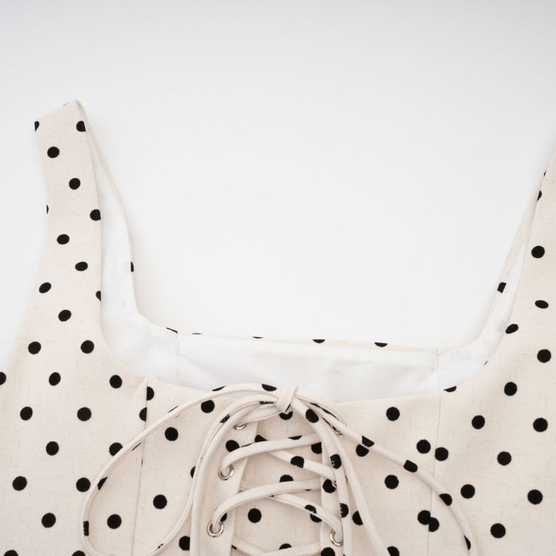 Laila Mini Dress in Neutrals Polka Dot Square Neck Design