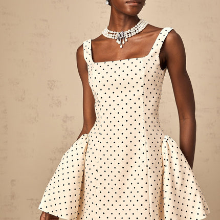 Laila Mini Dress in Neutrals Polka Dot Square Neck Design Terylene Rayon Blend Puff Skirt Wide Straps Lace-Up Fastening Thigh-Length