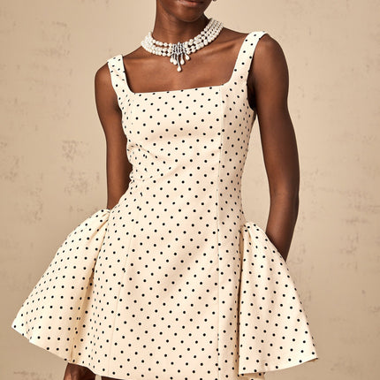 Laila Mini Dress in Neutrals Polka Dot Square Neck Design Wide Straps Puff Skirt Rear Lace-Up Fastening Thigh-Length Dress 80% Terylene 20% Rayon