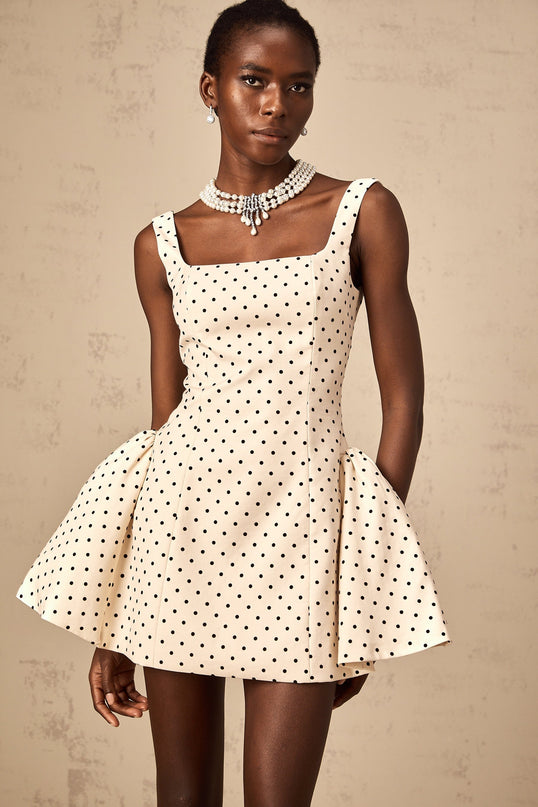 Laila Mini Dress in Neutrals Polka Dot Square Neck Design Wide Straps Puff Skirt Rear Lace-Up Fastening Thigh-Length Dress 80% Terylene 20% Rayon